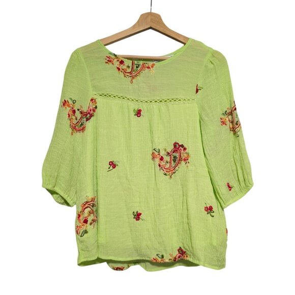 Figueroa & Flower Lime Green Embroidered Boho Blouse Size PM Womens Top - Picture 1 of 6